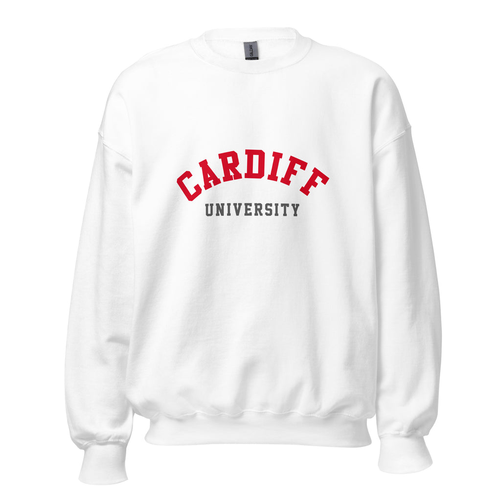Unisex navy blue sweatshirt featuring Cardiff University logo printed across the front chest