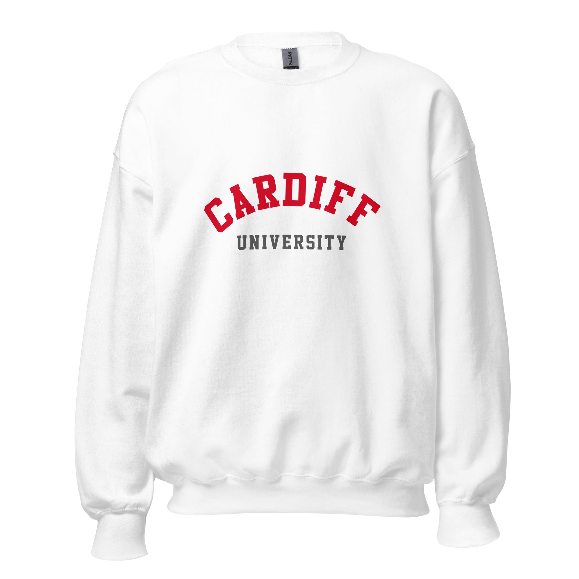 Unisex navy blue sweatshirt featuring Cardiff University logo printed across the front chest