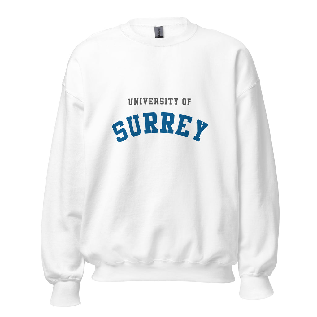 Unisex navy blue sweatshirt featuring University of Surrey logo printed across the front chest