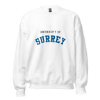 Unisex navy blue sweatshirt featuring University of Surrey logo printed across the front chest