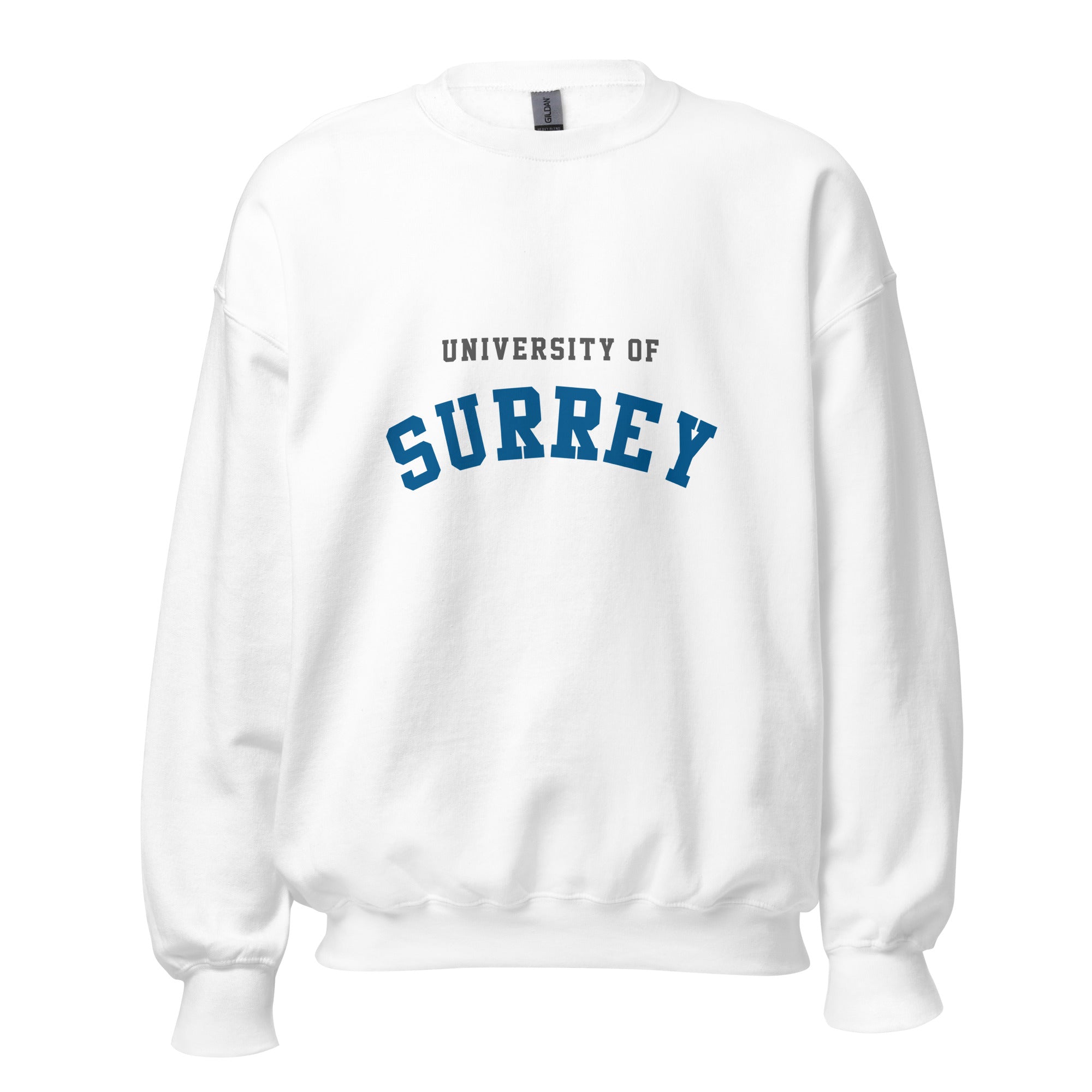 Unisex navy blue sweatshirt featuring University of Surrey logo printed across the front chest