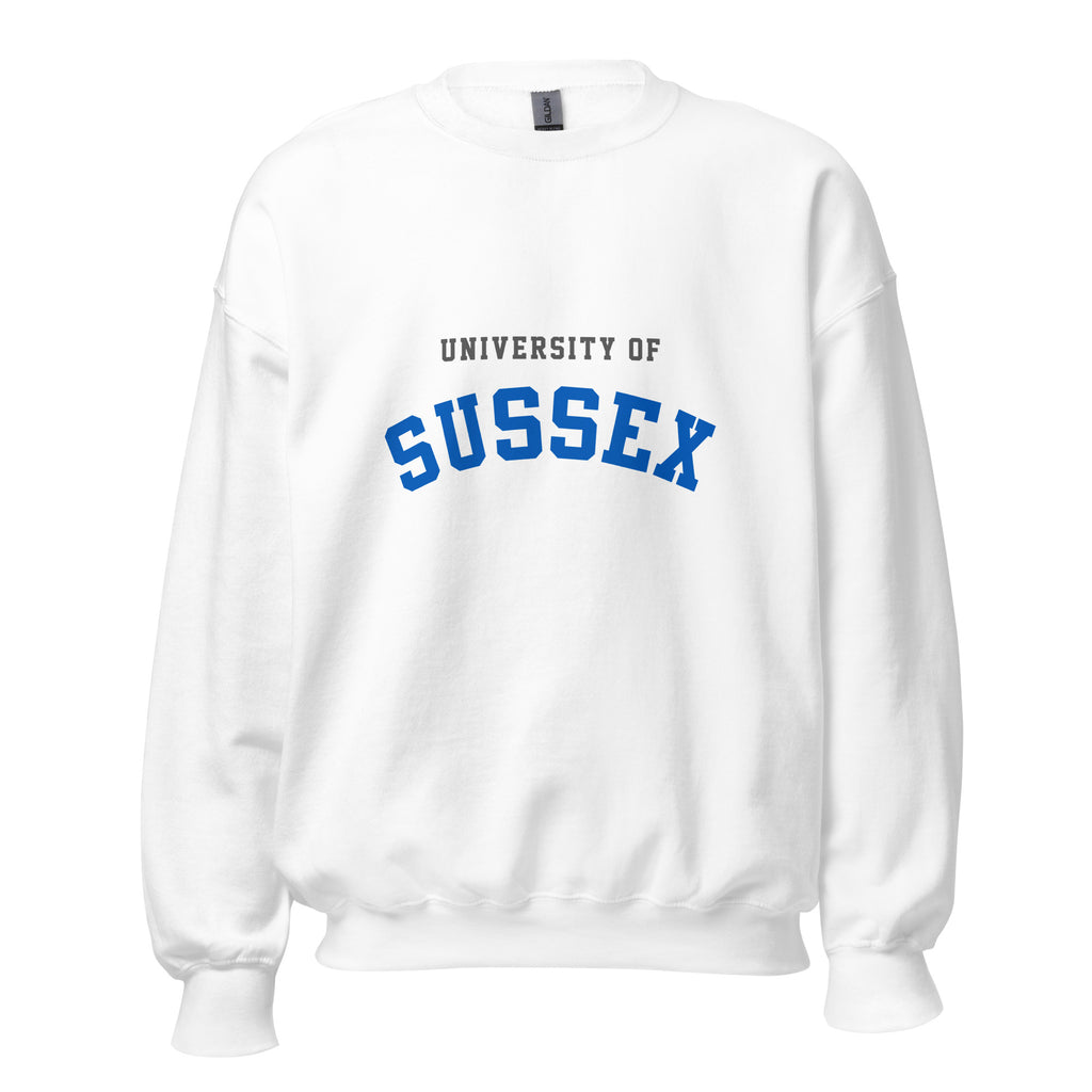 Unisex navy blue sweatshirt featuring University of Sussex logo printed across the front chest