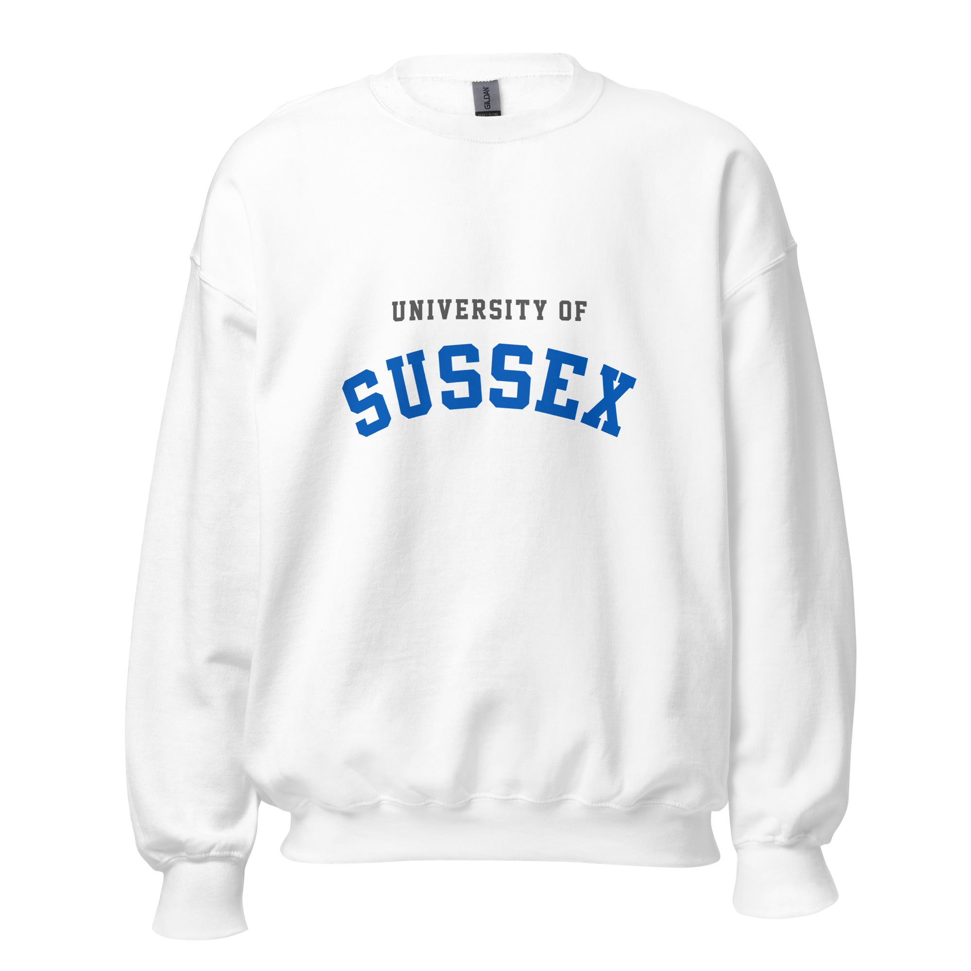 Unisex navy blue sweatshirt featuring University of Sussex logo printed across the front chest