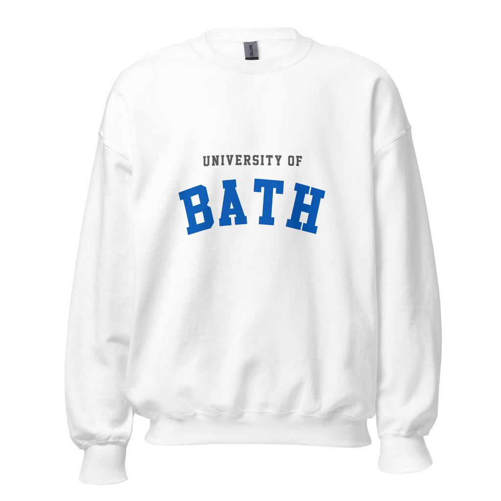 Unisex navy blue sweatshirt featuring University of Bath logo printed across the front chest