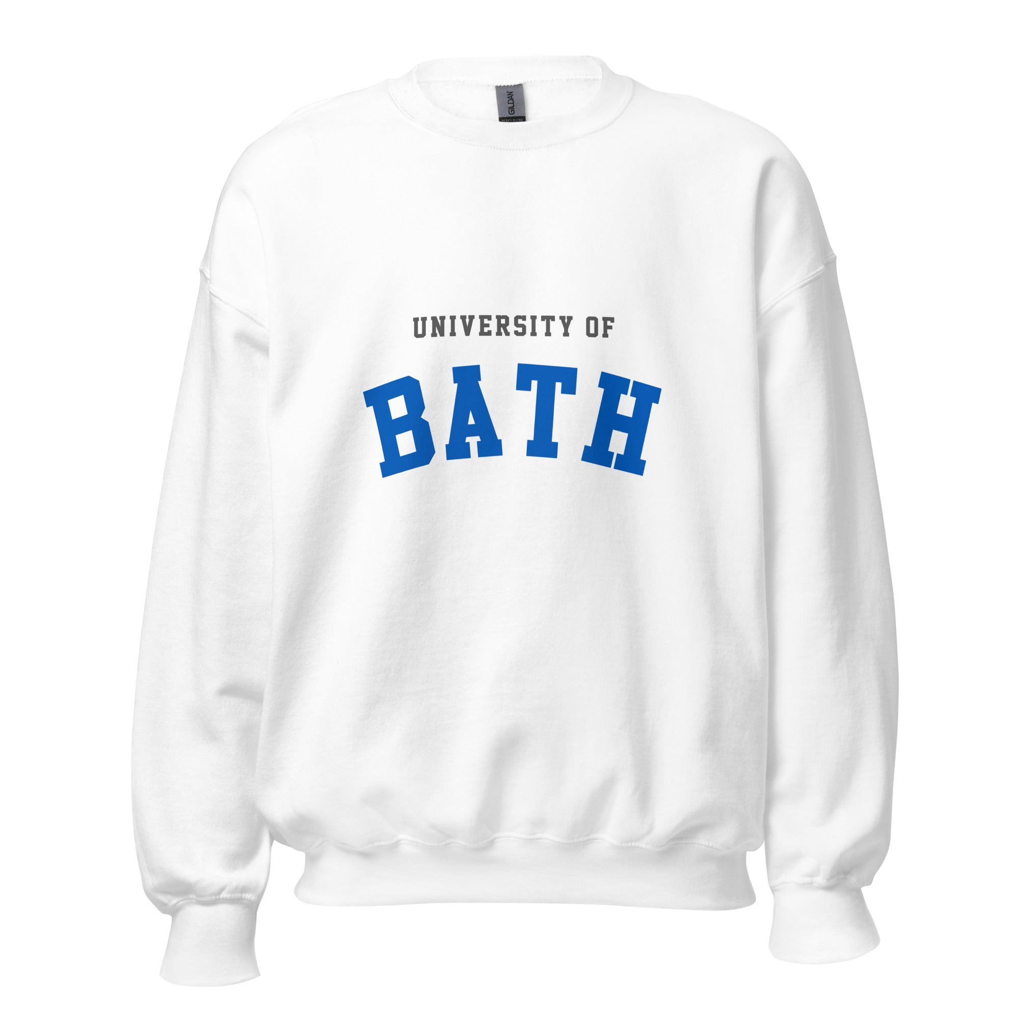 Unisex navy blue sweatshirt featuring University of Bath logo printed across the front chest