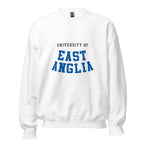 Unisex navy blue sweatshirt featuring University of East Anglia logo printed across the front chest