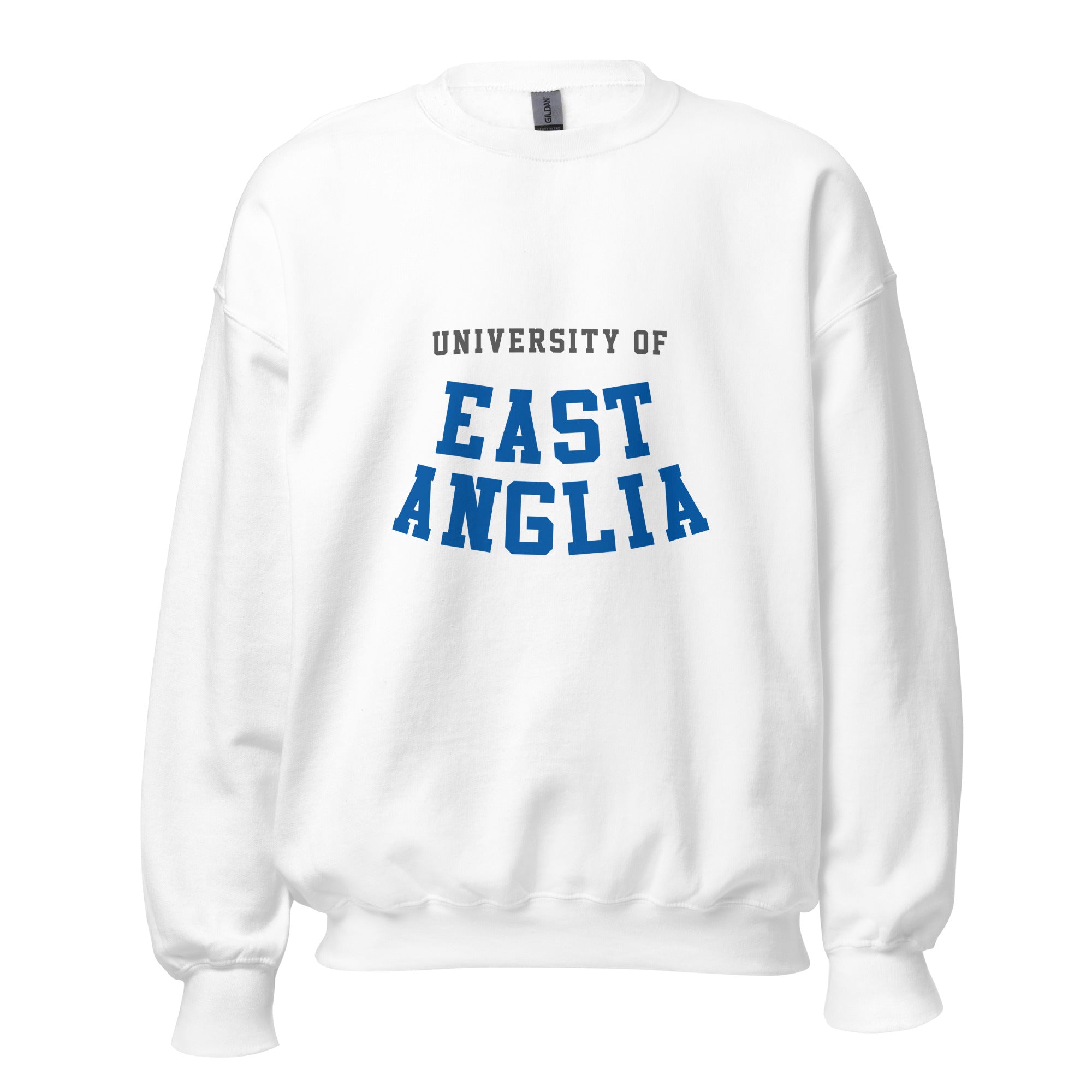 Unisex navy blue sweatshirt featuring University of East Anglia logo printed across the front chest