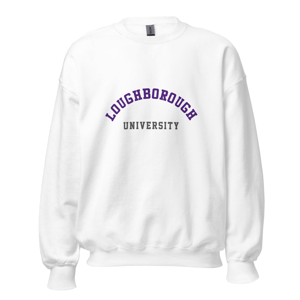 Unisex navy blue sweatshirt featuring Loughborough University logo printed across the front chest
