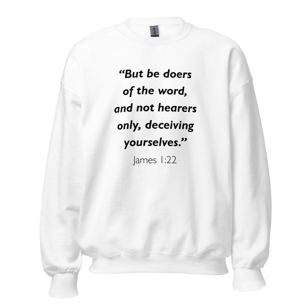 Unisex navy blue sweatshirt with James 1:22 Bible verse printed in black text on front