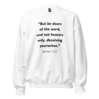 Unisex navy blue sweatshirt with James 1:22 Bible verse printed in black text on front