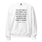 Unisex navy blue sweatshirt with Matthew 5:16 Bible verse printed in black text on front