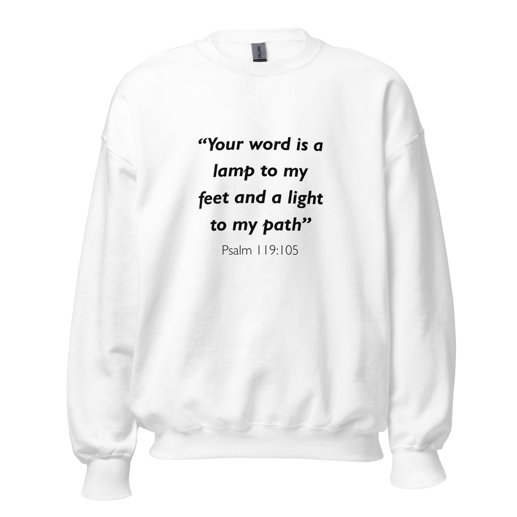Unisex navy blue sweatshirt with Psalm 119:105 Bible verse printed in black text on front