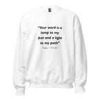 Unisex navy blue sweatshirt with Psalm 119:105 Bible verse printed in black text on front