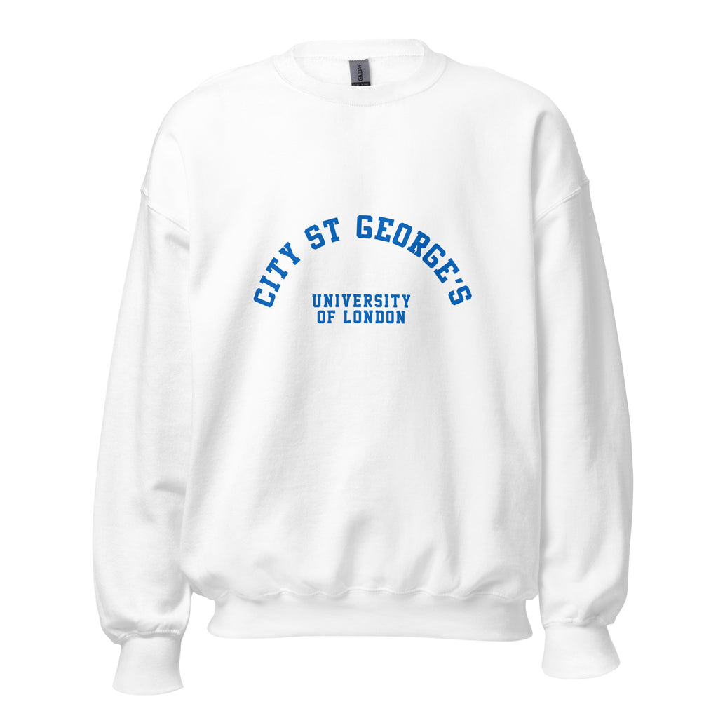 Unisex navy blue sweatshirt featuring St George's, University of London logo printed across the front chest