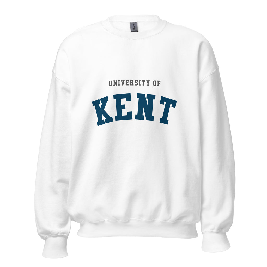 Unisex navy blue sweatshirt featuring University of Kent logo printed across the front chest