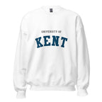 Unisex navy blue sweatshirt featuring University of Kent logo printed across the front chest