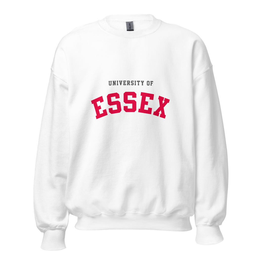 Unisex navy blue sweatshirt featuring University of Essex logo printed across the front chest