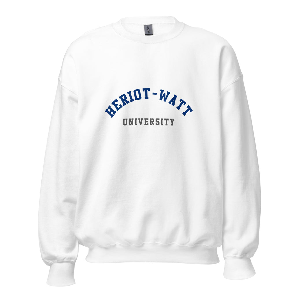 Unisex navy blue sweatshirt featuring Heriot-Watt University logo printed across the front chest