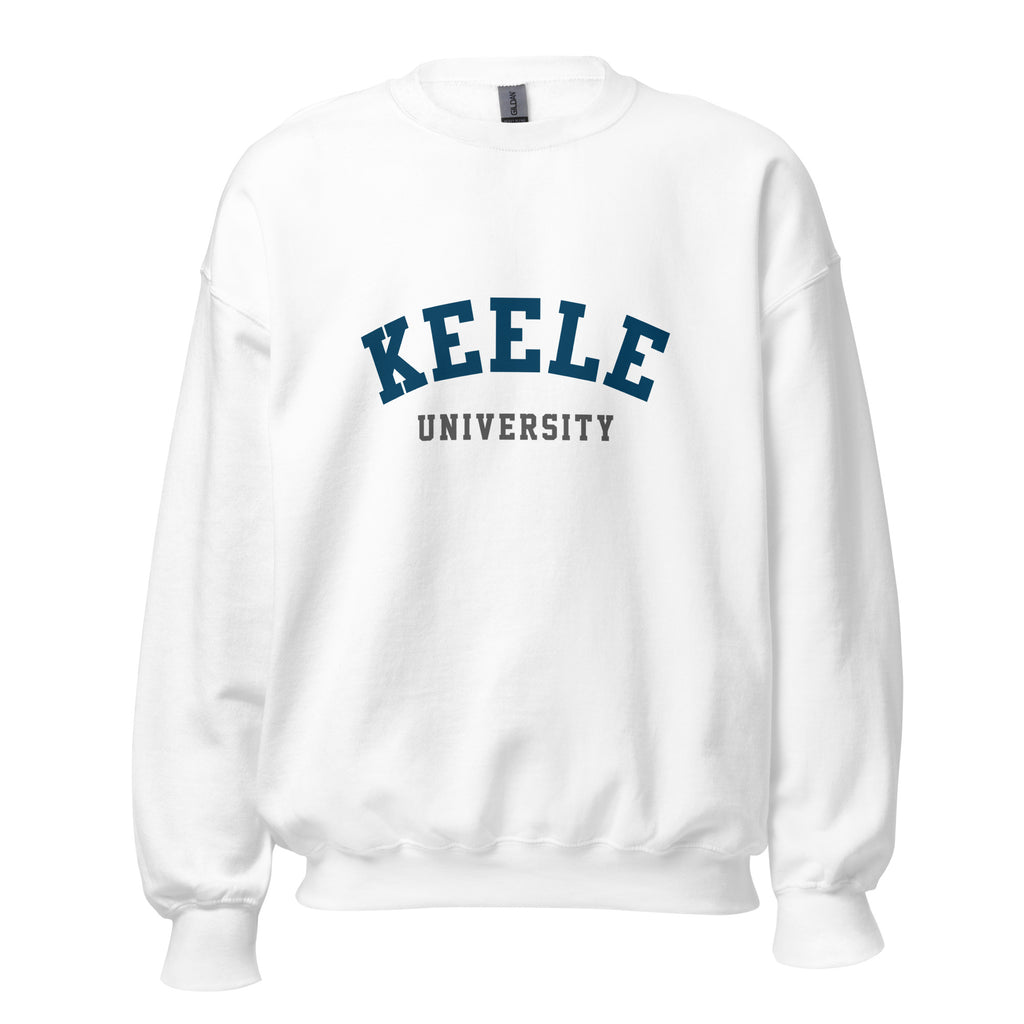 Unisex navy blue sweatshirt featuring Keele University logo printed across the front chest