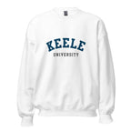 Unisex navy blue sweatshirt featuring Keele University logo printed across the front chest