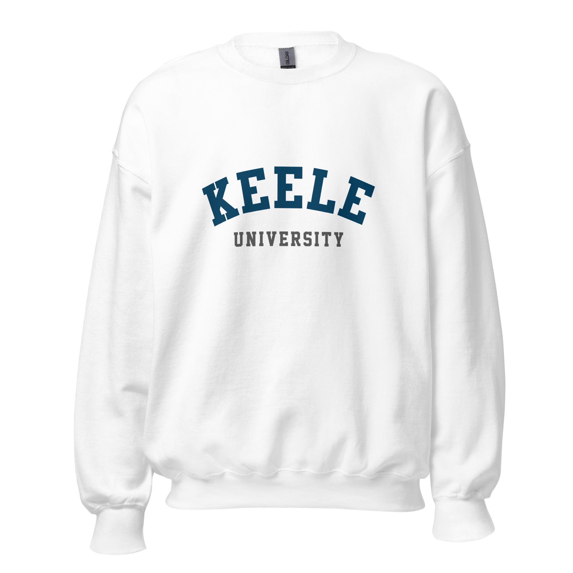 Unisex navy blue sweatshirt featuring Keele University logo printed across the front chest