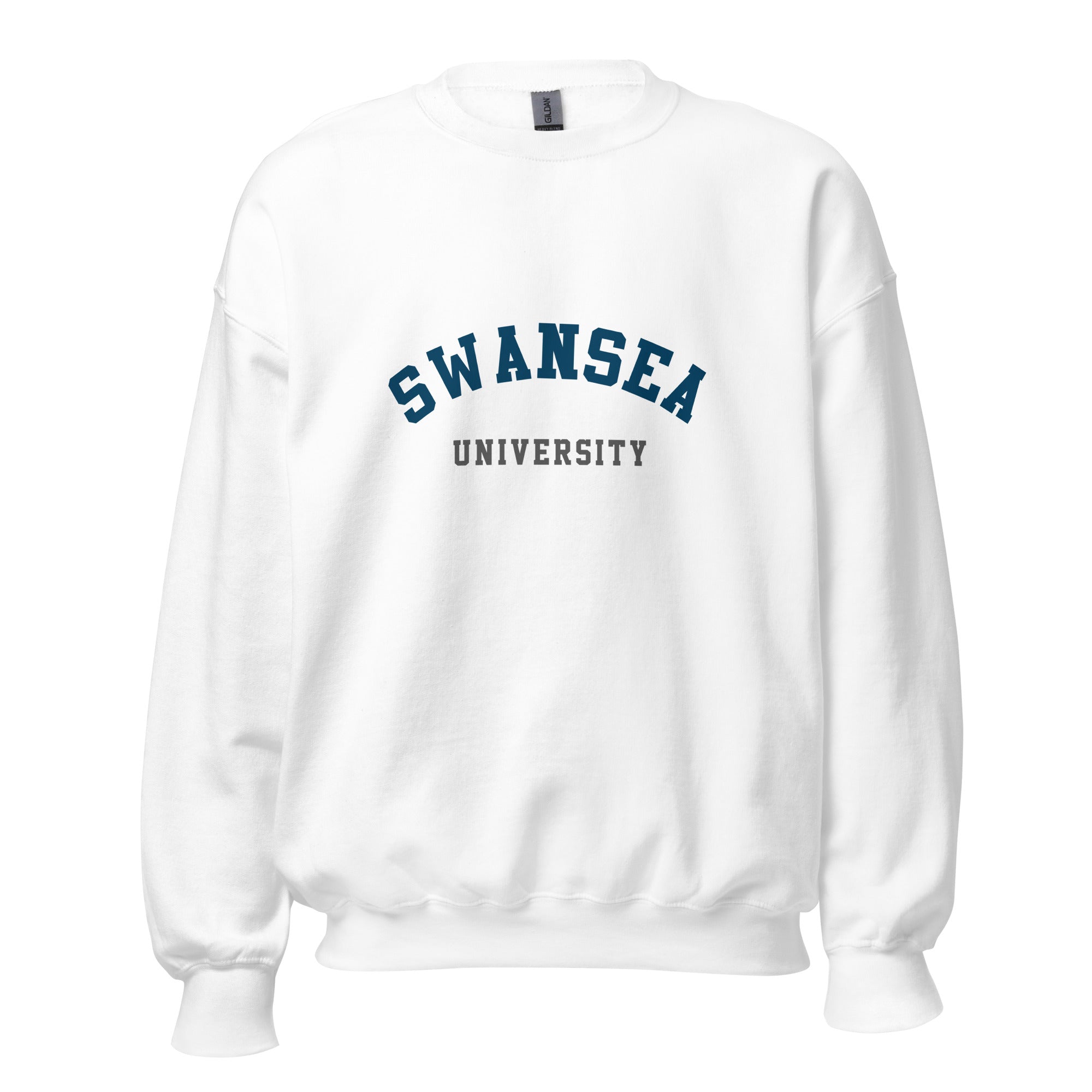 Unisex navy blue sweatshirt featuring Swansea University logo printed across the front chest