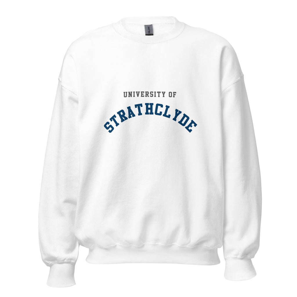 Unisex heather gray sweatshirt featuring University of Strathclyde logo printed across the front chest