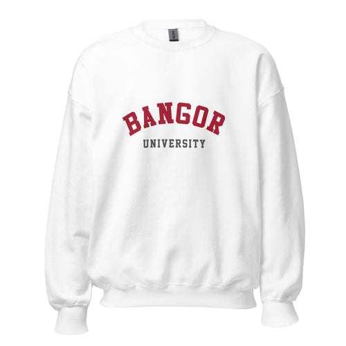 Unisex heather gray sweatshirt featuring Bangor University logo printed across the front chest
