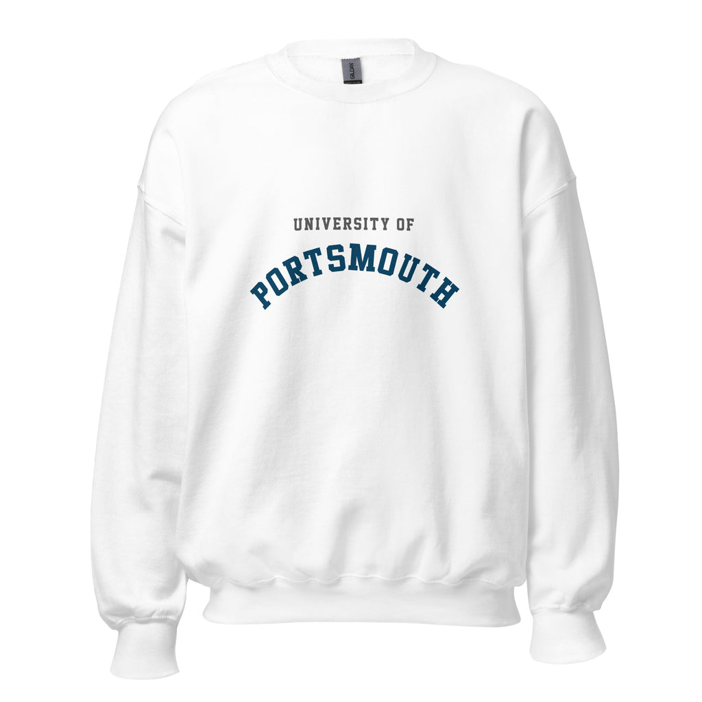 Unisex heather gray sweatshirt featuring University of Portsmouth logo printed across the front chest