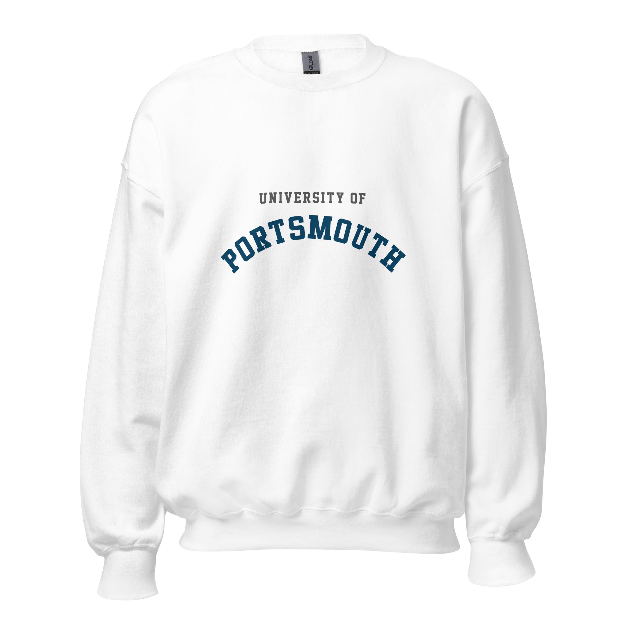 Unisex heather gray sweatshirt featuring University of Portsmouth logo printed across the front chest