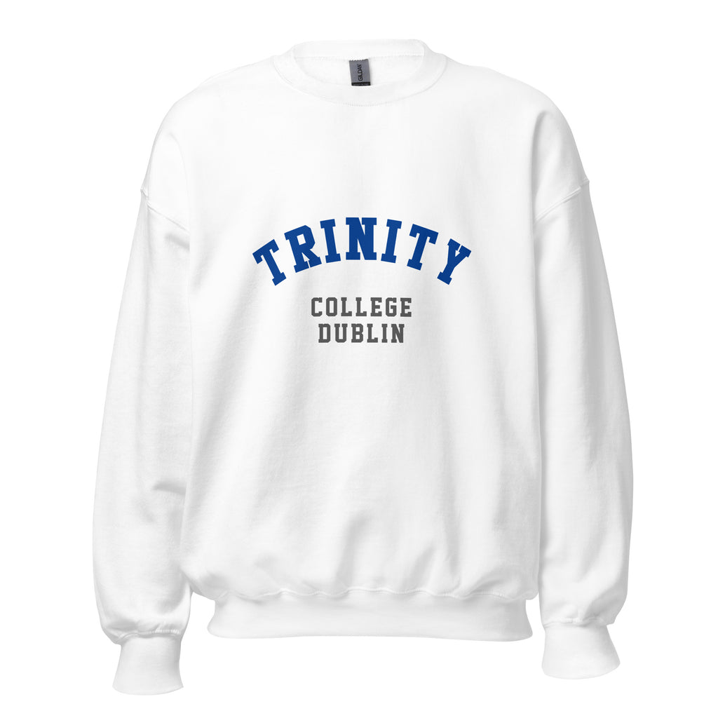 Unisex heather gray sweatshirt featuring Trinity College Dublin logo printed across the front chest
