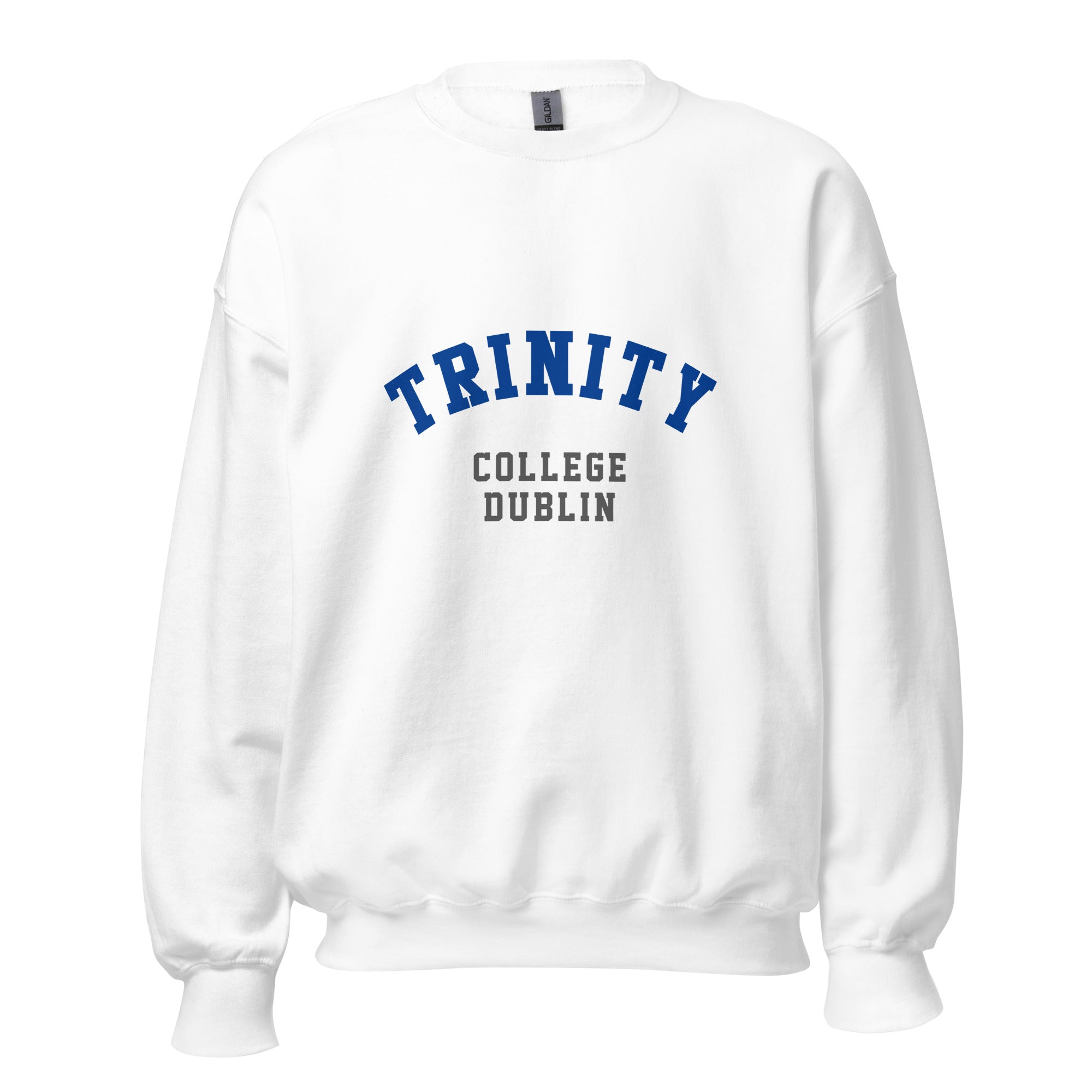 Unisex heather gray sweatshirt featuring Trinity College Dublin logo printed across the front chest