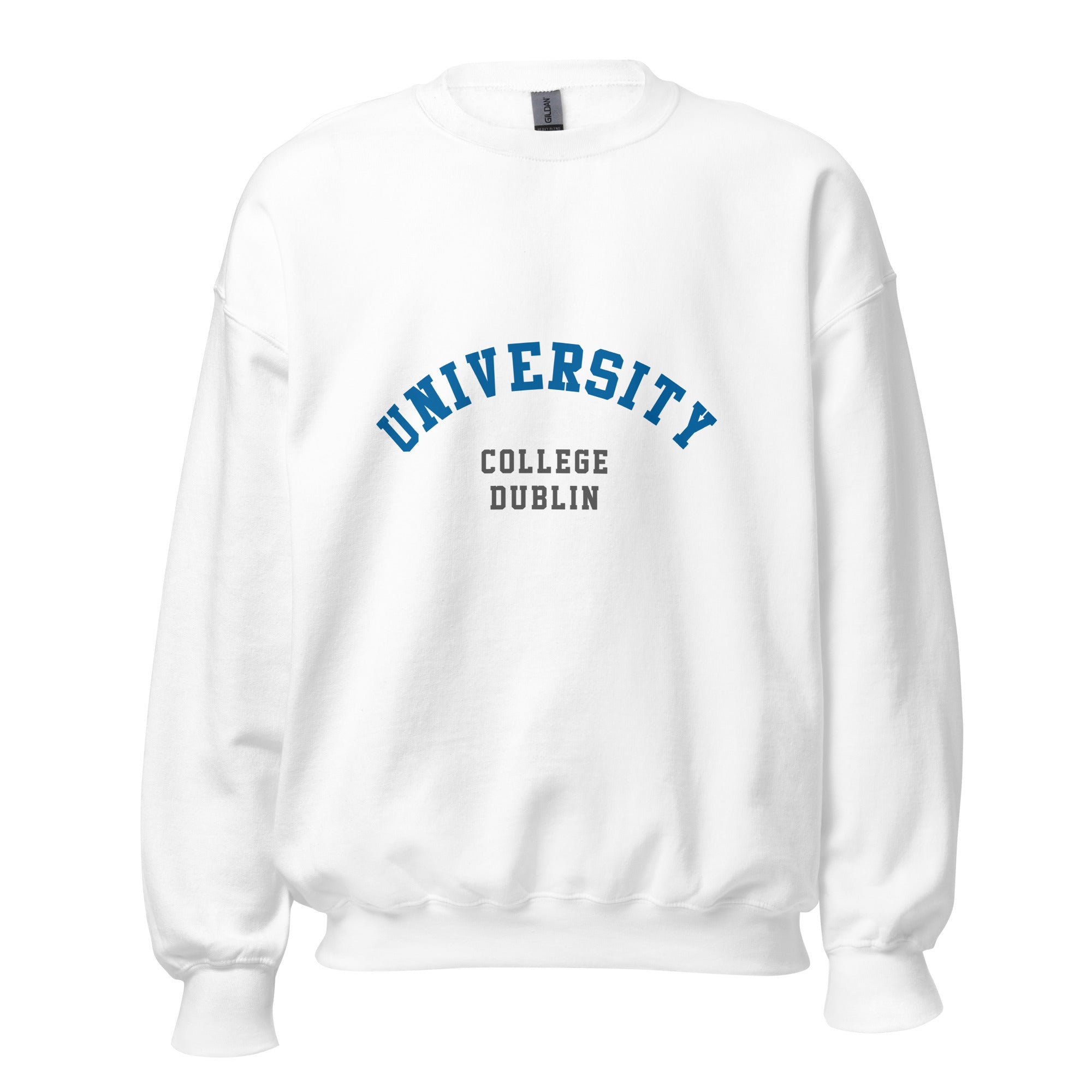 Unisex heather gray sweatshirt featuring University College Dublin logo printed across the front chest