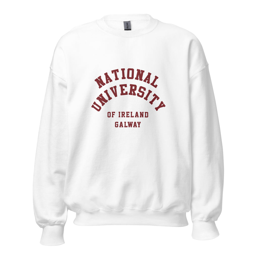 Unisex heather gray sweatshirt featuring National University of Ireland Galway logo printed across the front chest