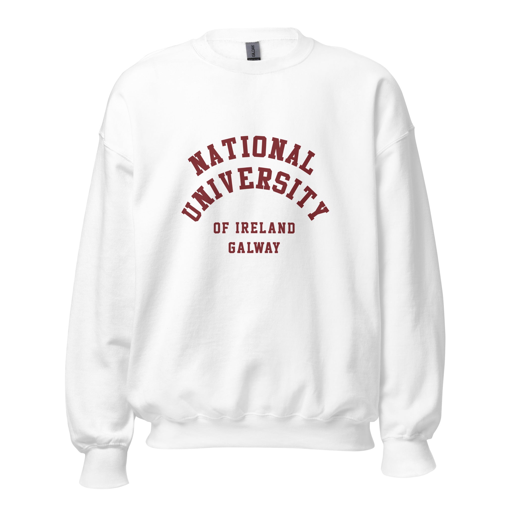 Unisex heather gray sweatshirt featuring National University of Ireland Galway logo printed across the front chest