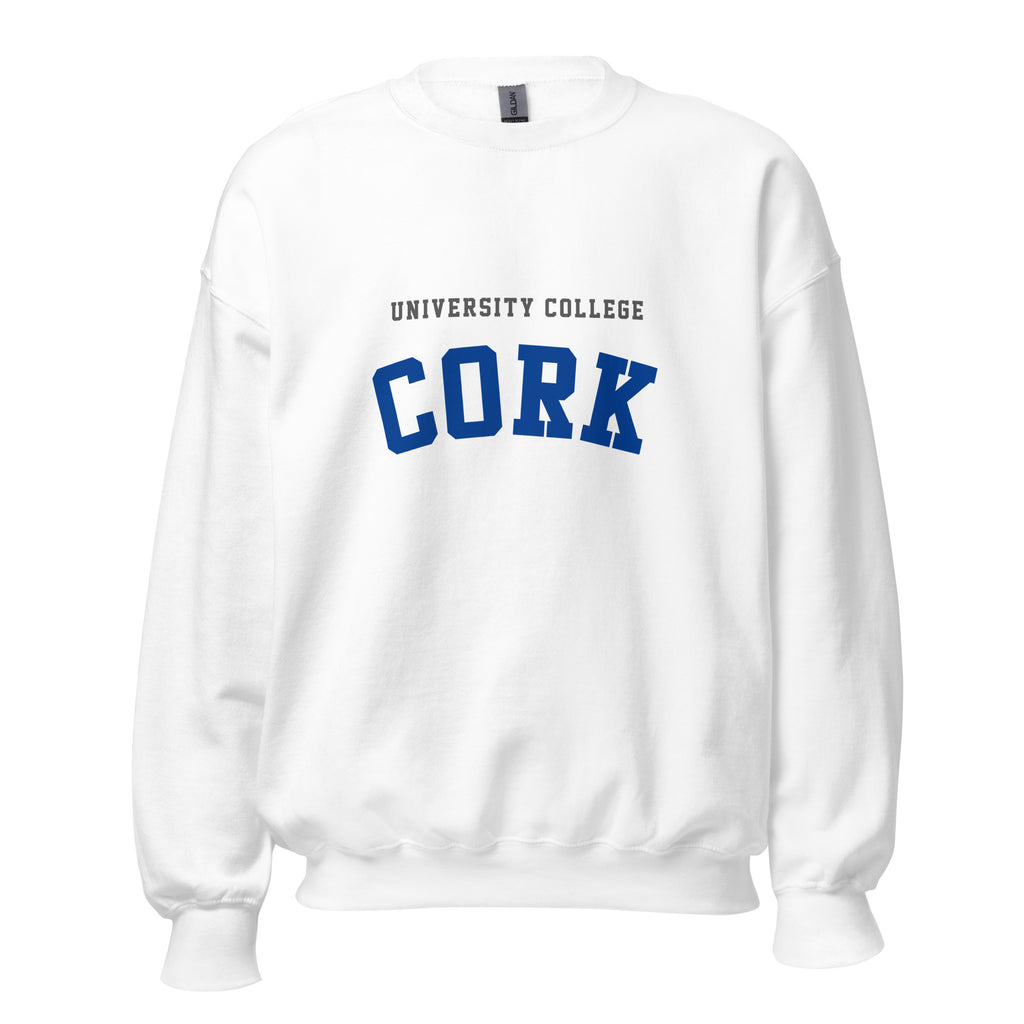 Unisex heather gray sweatshirt featuring University College Cork logo printed across the front chest