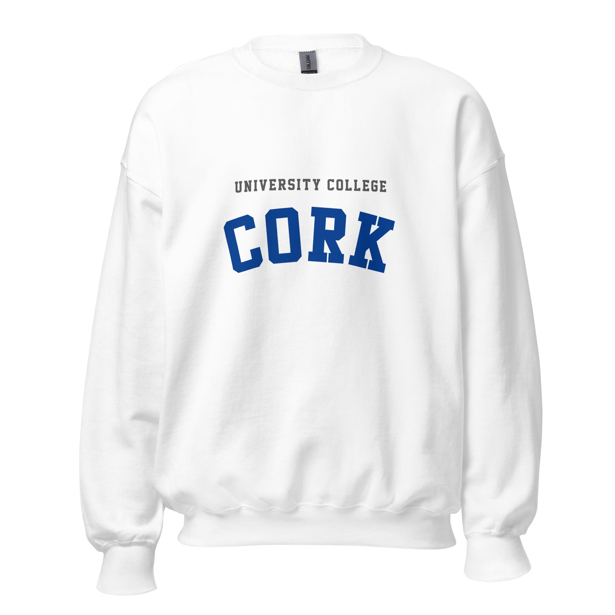 Unisex heather gray sweatshirt featuring University College Cork logo printed across the front chest