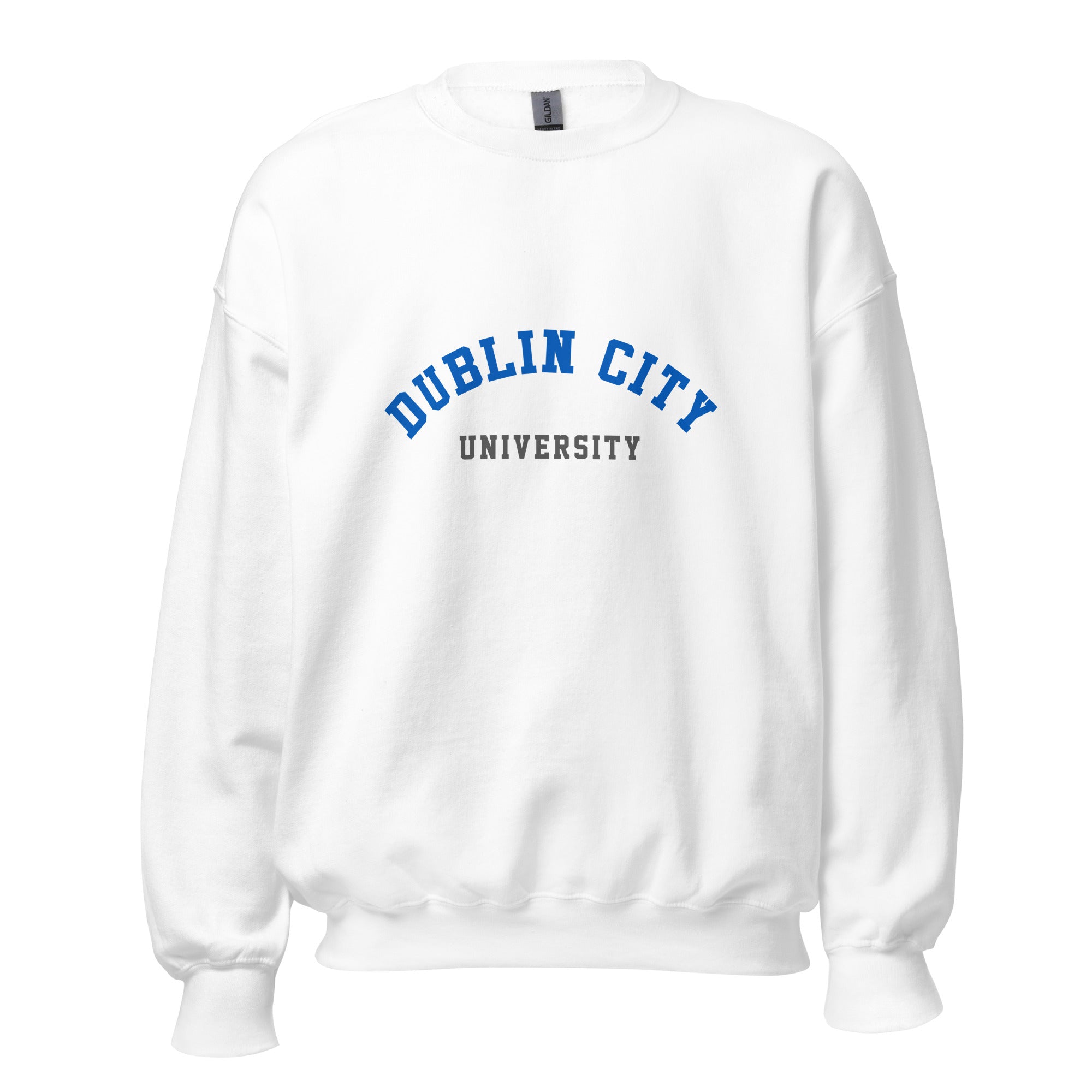 Unisex heather gray sweatshirt featuring Dublin City University logo printed across the front chest
