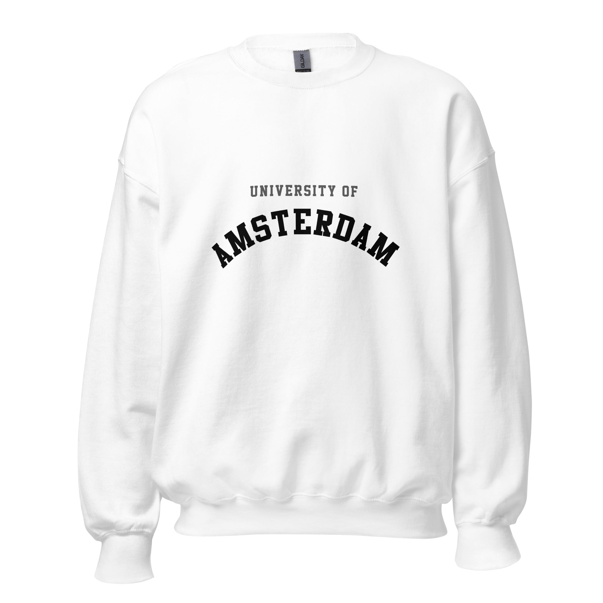 Unisex heather gray sweatshirt featuring University of Amsterdam logo printed across the front chest
