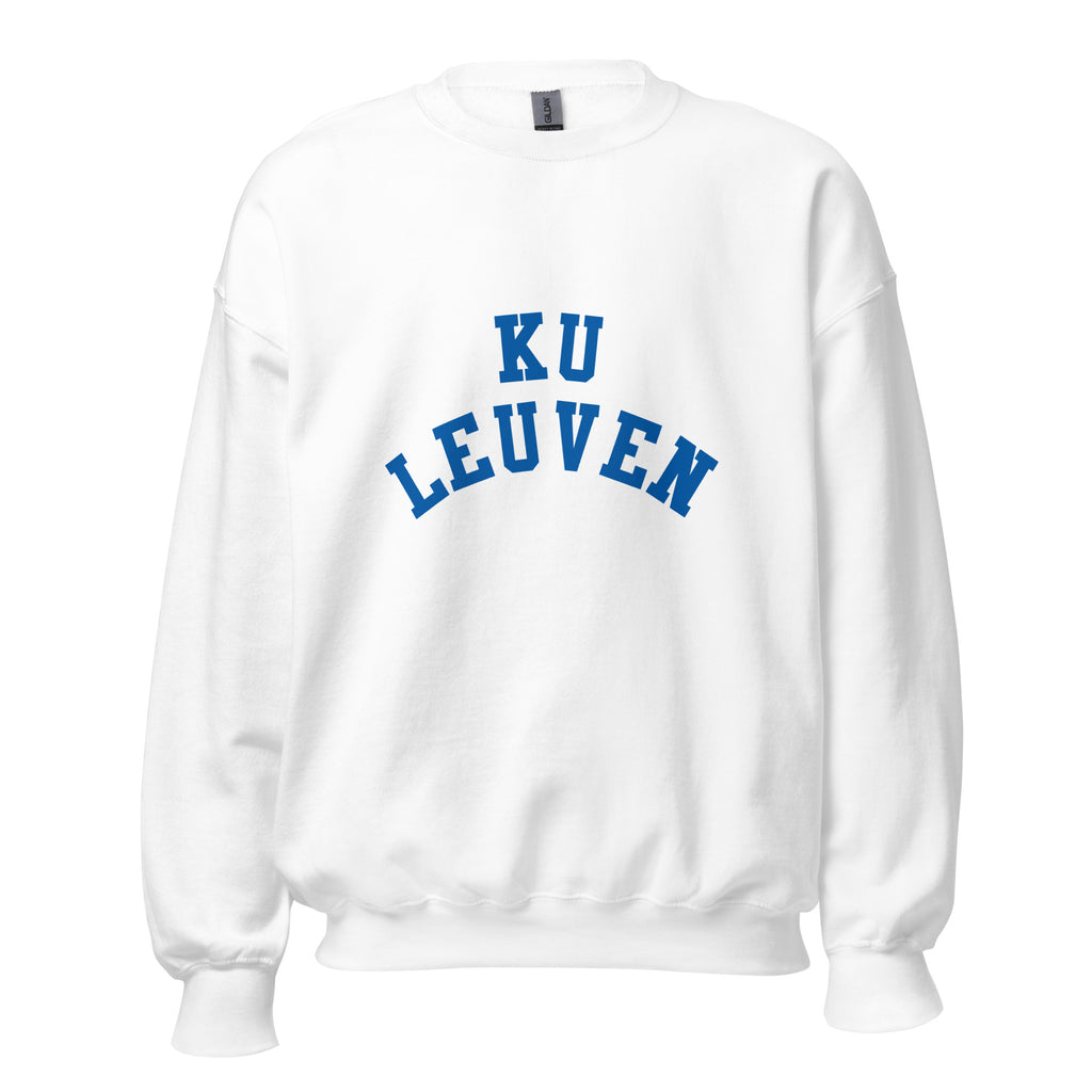 Unisex heather gray sweatshirt featuring KU Leuven logo printed across the front chest