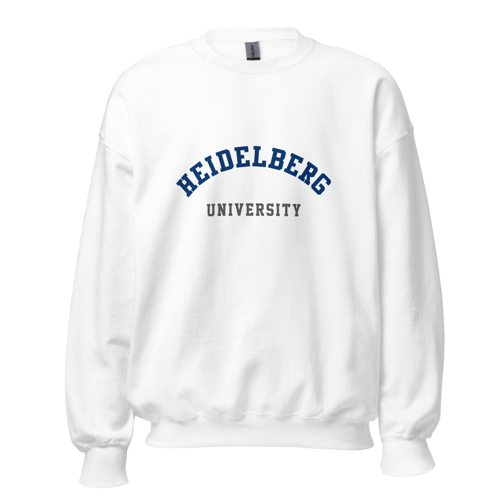 Unisex heather gray sweatshirt featuring Heidelberg University logo printed across the front chest