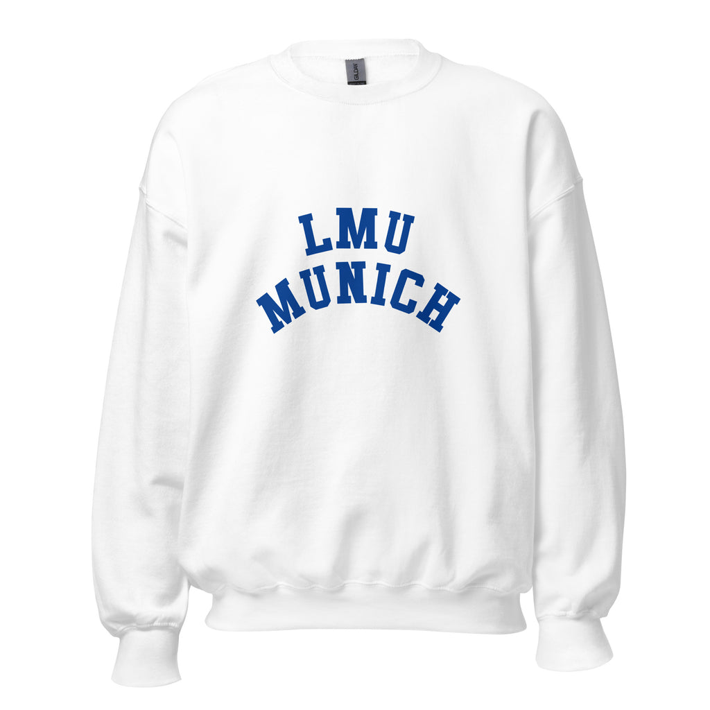 Unisex heather gray sweatshirt featuring LMU Munich logo printed across the front chest