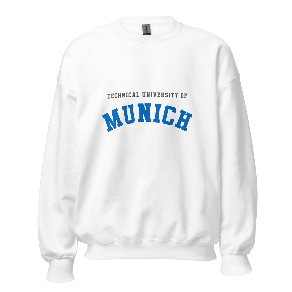 Unisex heather gray sweatshirt featuring Technical University of Munich logo printed across the front chest