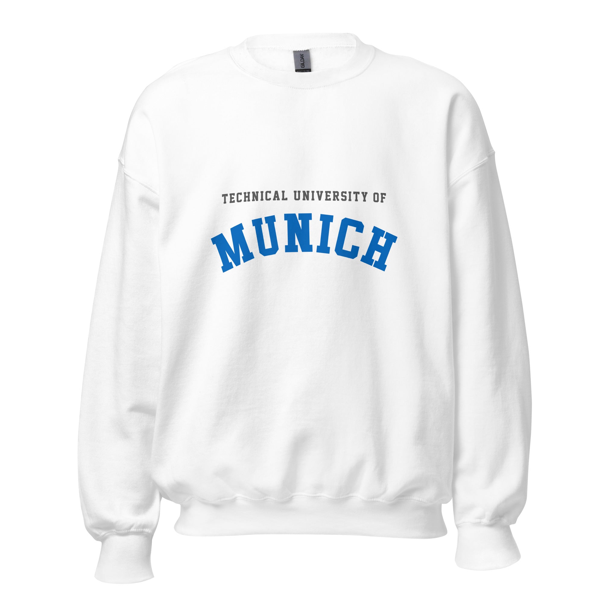 Unisex heather gray sweatshirt featuring Technical University of Munich logo printed across the front chest