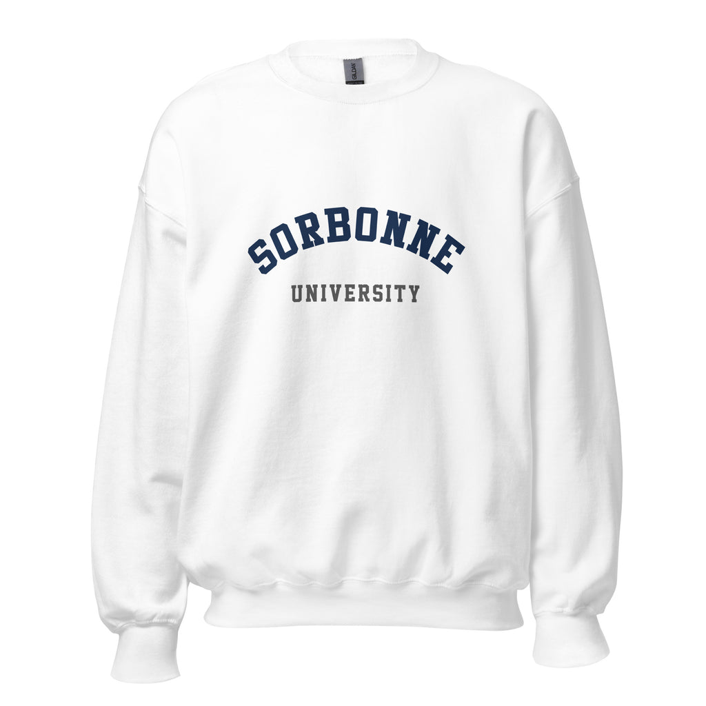 Unisex heather gray sweatshirt featuring Sorbonne University logo printed across the front chest
