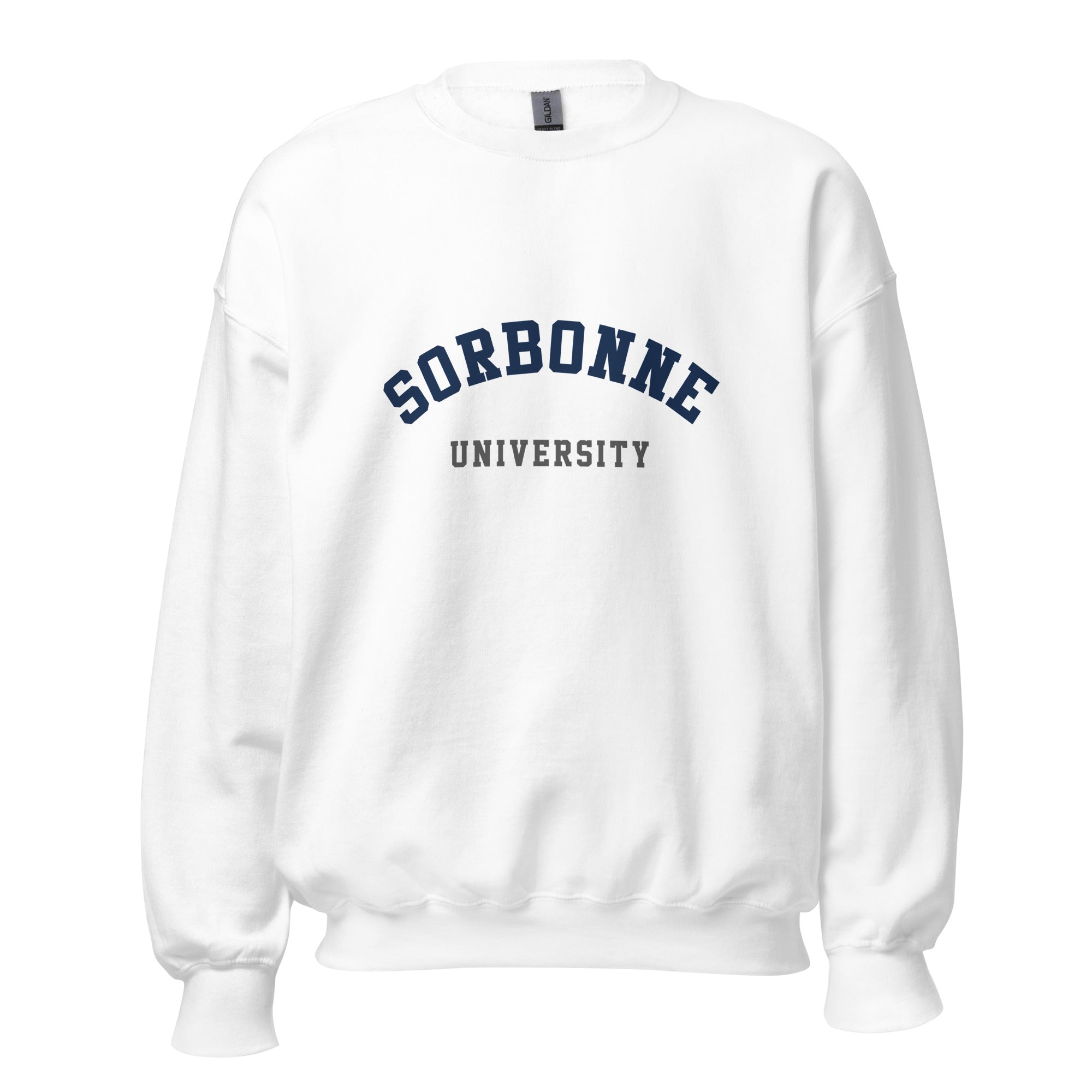 Unisex heather gray sweatshirt featuring Sorbonne University logo printed across the front chest