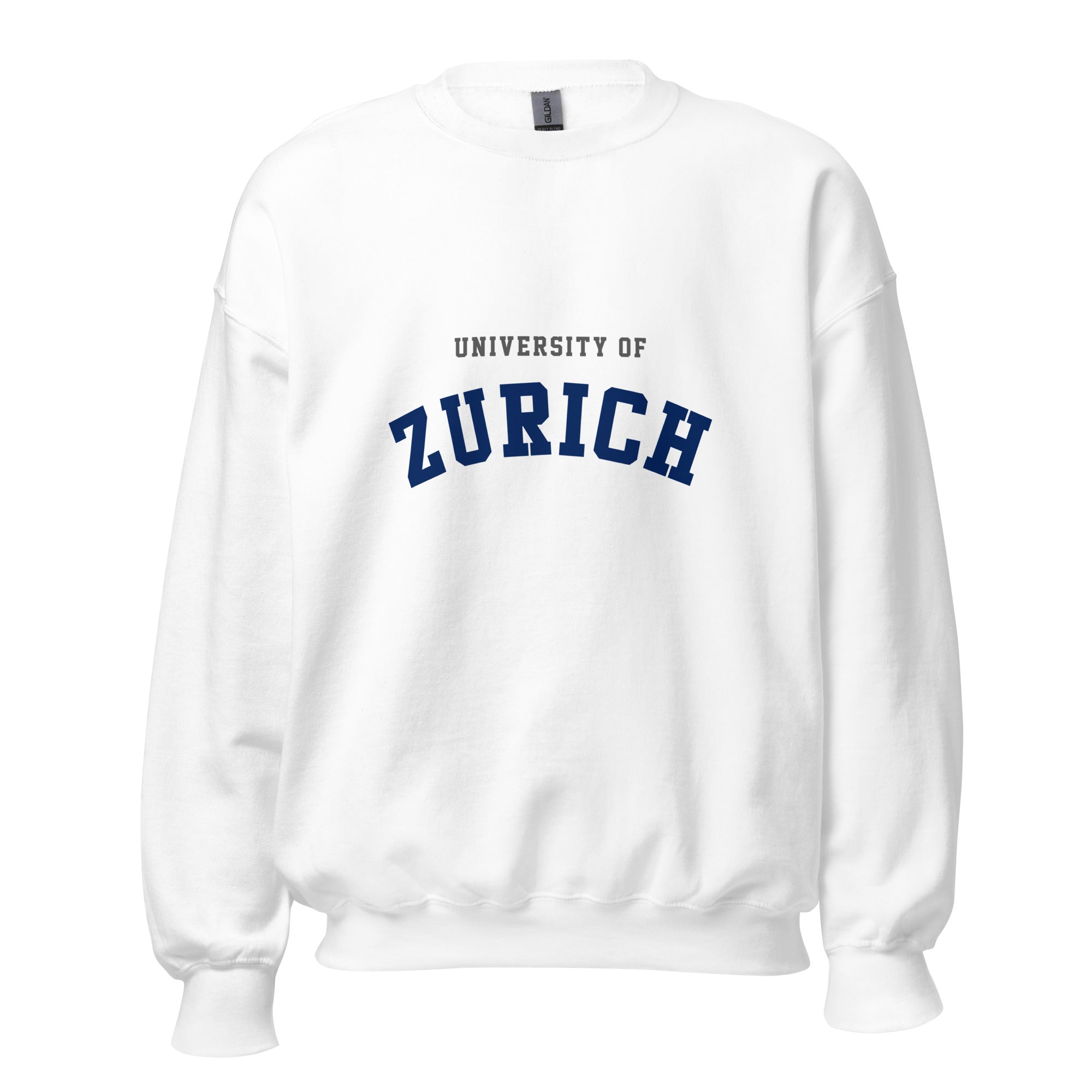 Unisex heather gray sweatshirt featuring University of Zurich logo printed across the front chest