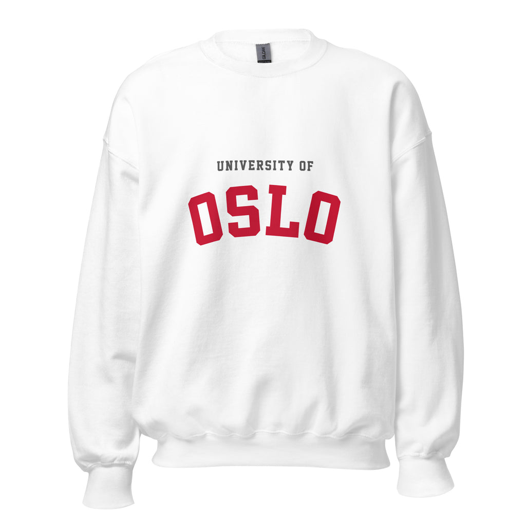 Unisex heather gray sweatshirt featuring University of Oslo logo printed across the front chest