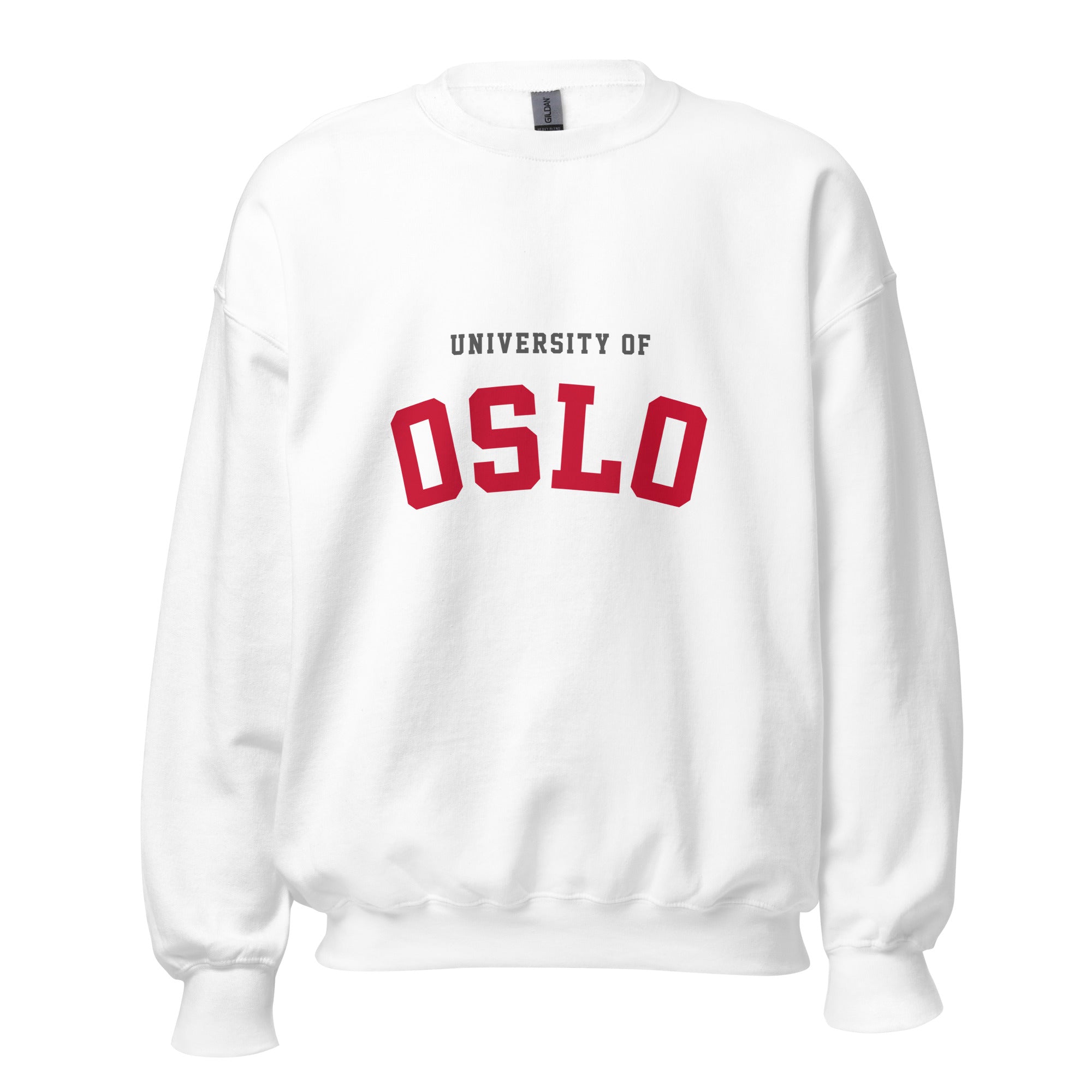 Unisex heather gray sweatshirt featuring University of Oslo logo printed across the front chest