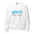 Unisex heather gray sweatshirt featuring Delft University of Technology logo printed across the front chest